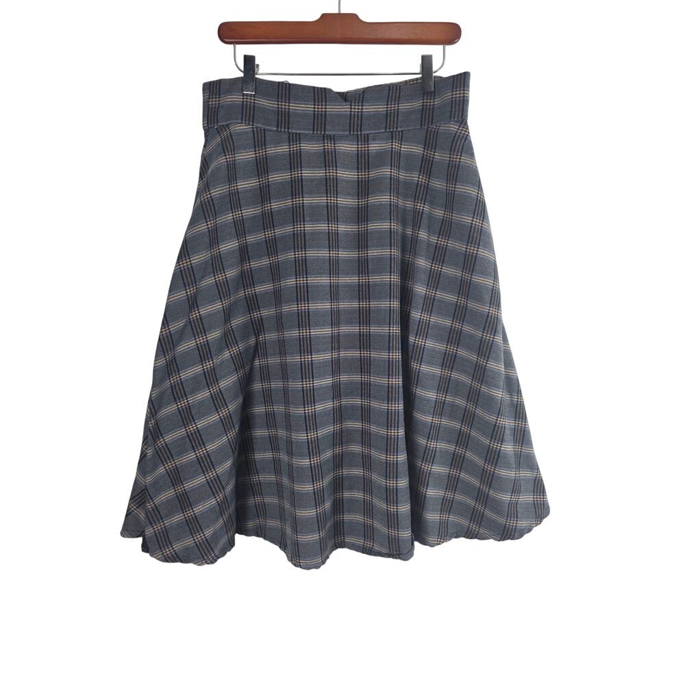 Modcloth Plaid Swing Skirt 10 Womens Blue Tan‎ Lined Pockets Midi Twirl Back Zip